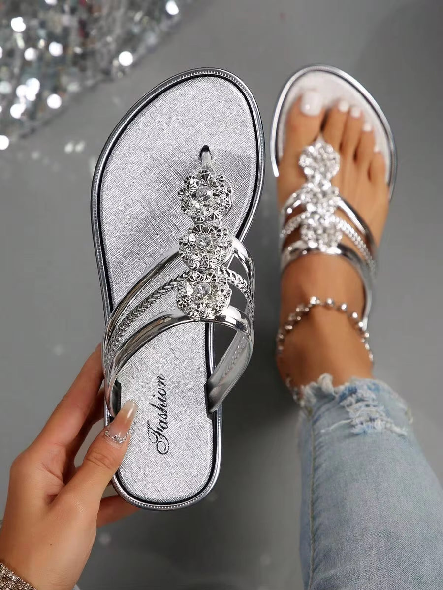 Rhinestone Detail Summer Elegant Flat Sandals,Flip Flops